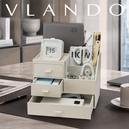 VLANDO Desk Organizer,PU Leather Office Storage with Compartments,Beige