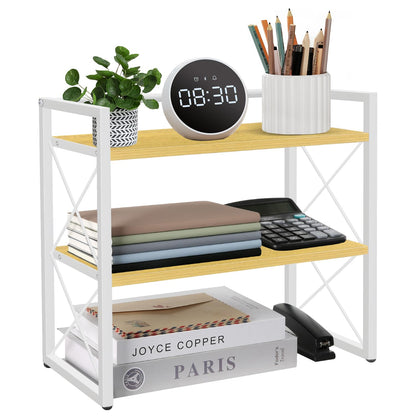 YINMIT Desktop Shelf Organizer, 2 Tier Office Shelves, Wood Desk Organizer Storage Rack and Freestanding Display Shelf for Office, Dormitory, Home