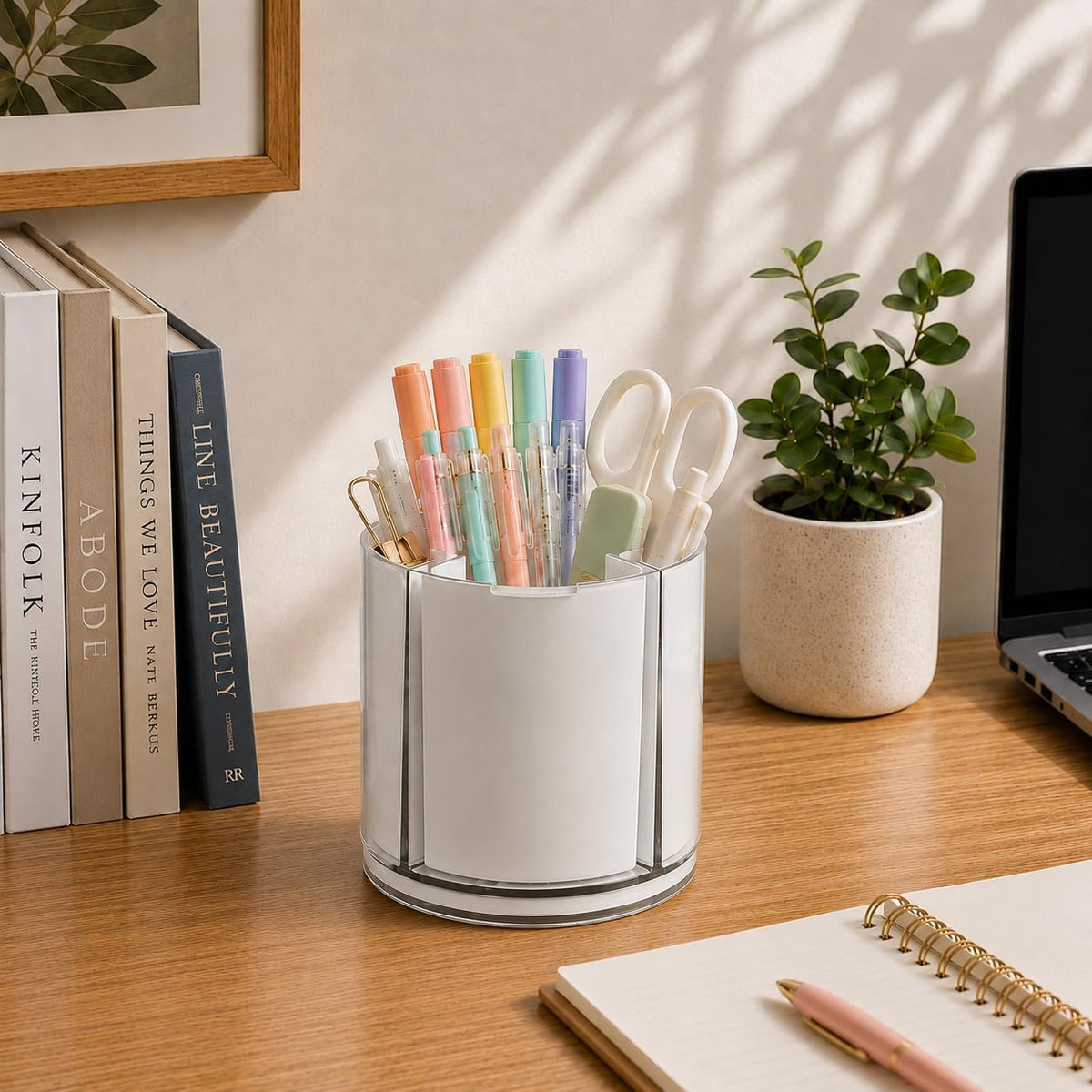 360° Rotating Pen Holder for Desk Adjustable Pencil Organizer, Gray-White