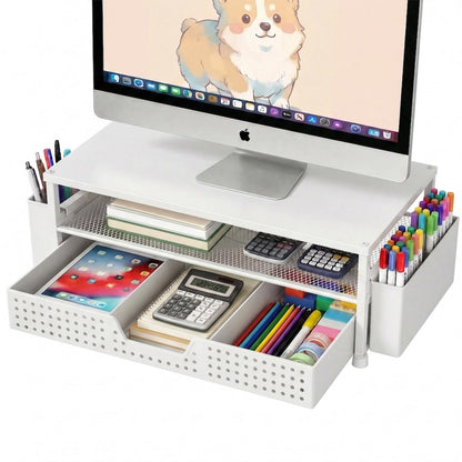 ECOLOVI Desk Organizer and Accessories, 2-Tier Computer Monitor Stand Rise with Storage Drawer & 2 Pen Holders, Laptop & Printer Stand for Desktop, Workspace Organizers for Office Supplies (Black)