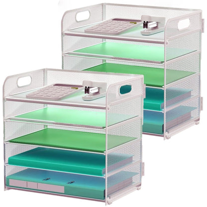 Letter Tray Paper Organizer 5-Tier Desk Organizer File Organizer Paper Holder with Handle, Metal Desktop Document Shelf Tray Office Classroom Organization - Black