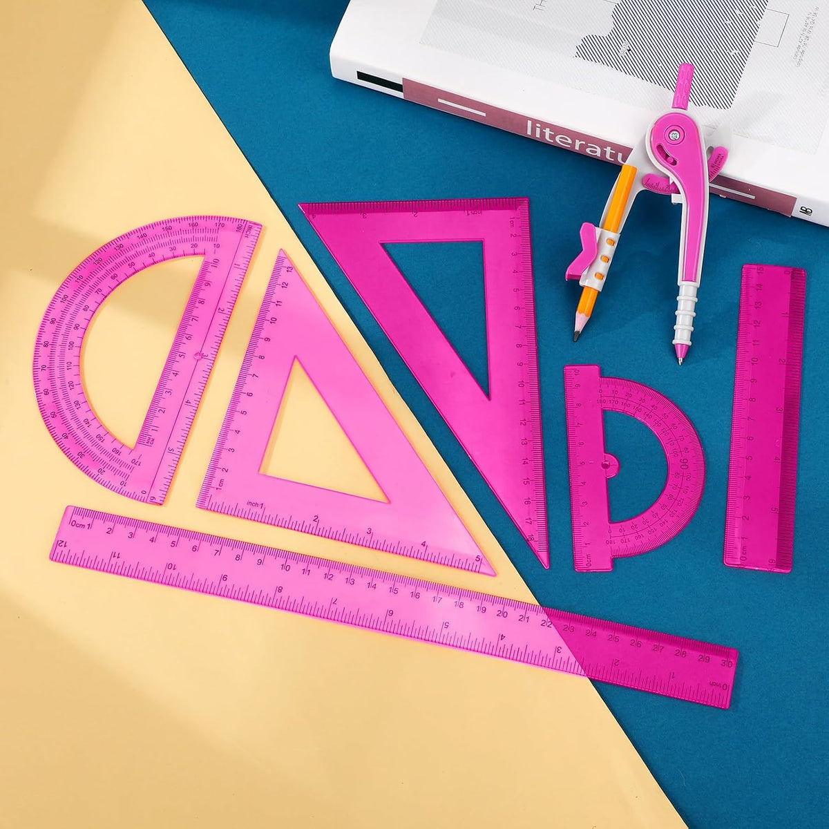 Zonon 7 Pcs Geometry Math Set with Compass Protractor Rulers, Pink