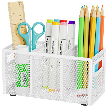 Marbrasse Mesh Pen Holder for Desk, Pencil Holder Desk Organizer 3 Adjustable Compartments, Pencil Cup with Handle Perfect for Classroom, Office, Home, Makeup, Art (Black)