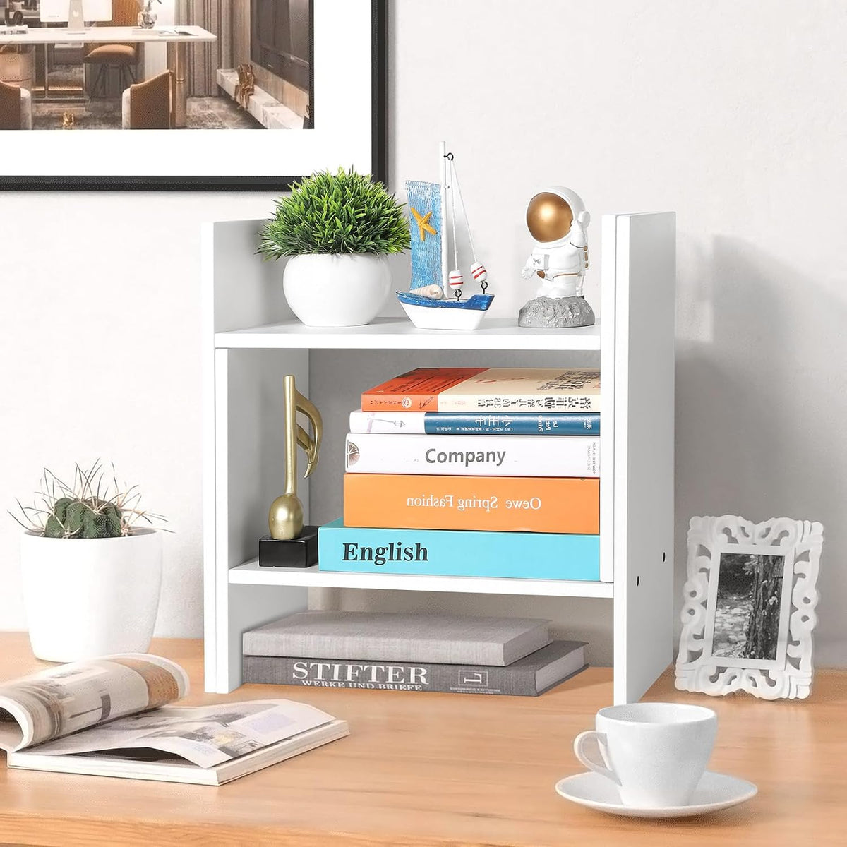 CITLOW Desktop Shelf Organizer - Adjustable Wood Desktop Bookshelf, Table Top Shelves, Desk Book Organizer for Office Supplies and Home Décor (White)