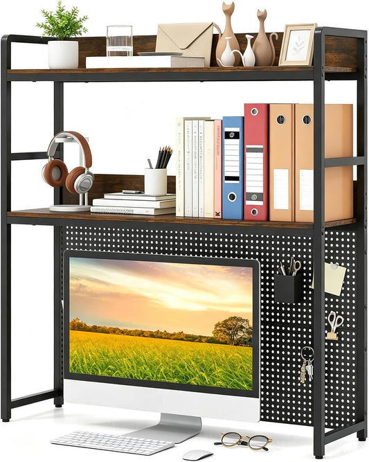 LDAILE 2-Tier Desk Hutch with Pegboard Desktop Organizer