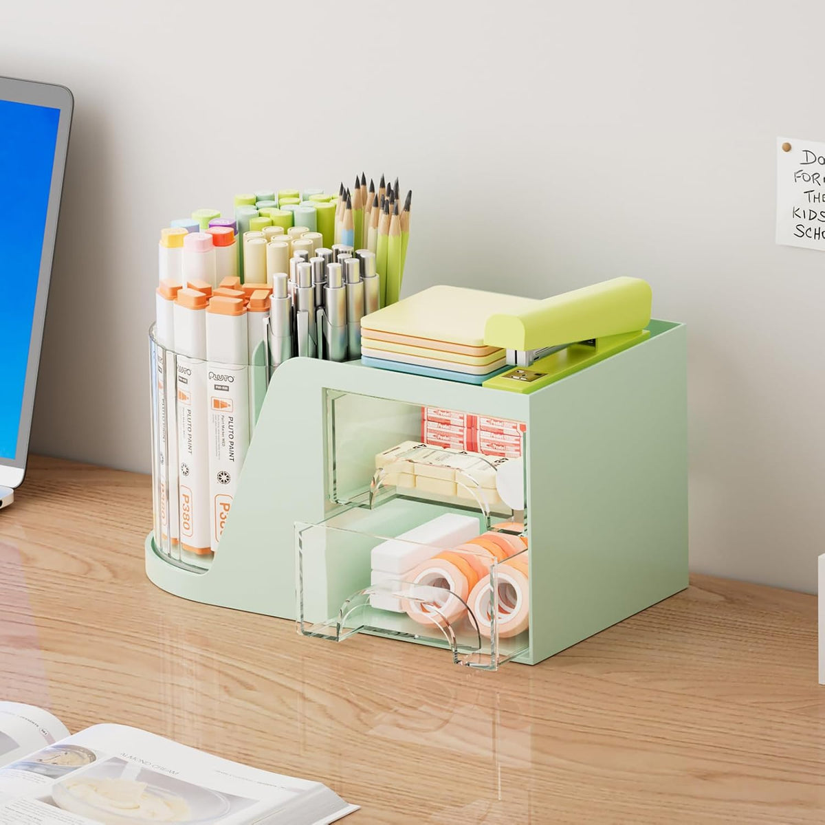 Marbrasse Desk Organizer with 2 Drawer, 360°Rotating Pen Holder, Desk Organizers and Accessories with 6 Slots Pencil Holder + 2 Drawer, Art Supply Storage Box Caddy for Office (Green)