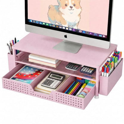 ECOLOVI Desk Organizer and Accessories, 2-Tier Computer Monitor Stand Rise with Storage Drawer & 2 Pen Holders, Laptop & Printer Stand for Desktop, Workspace Organizers for Office Supplies (Black)