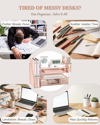 WALI Desk File Organizer, 4 Tier Desktop Paper Letter Tray Organizer with Drawer and 2 Pen Holders, Office Desk Accessories & Workspace Organizers for Office, Home, School Supplies, 1 Pack, Rose Gold