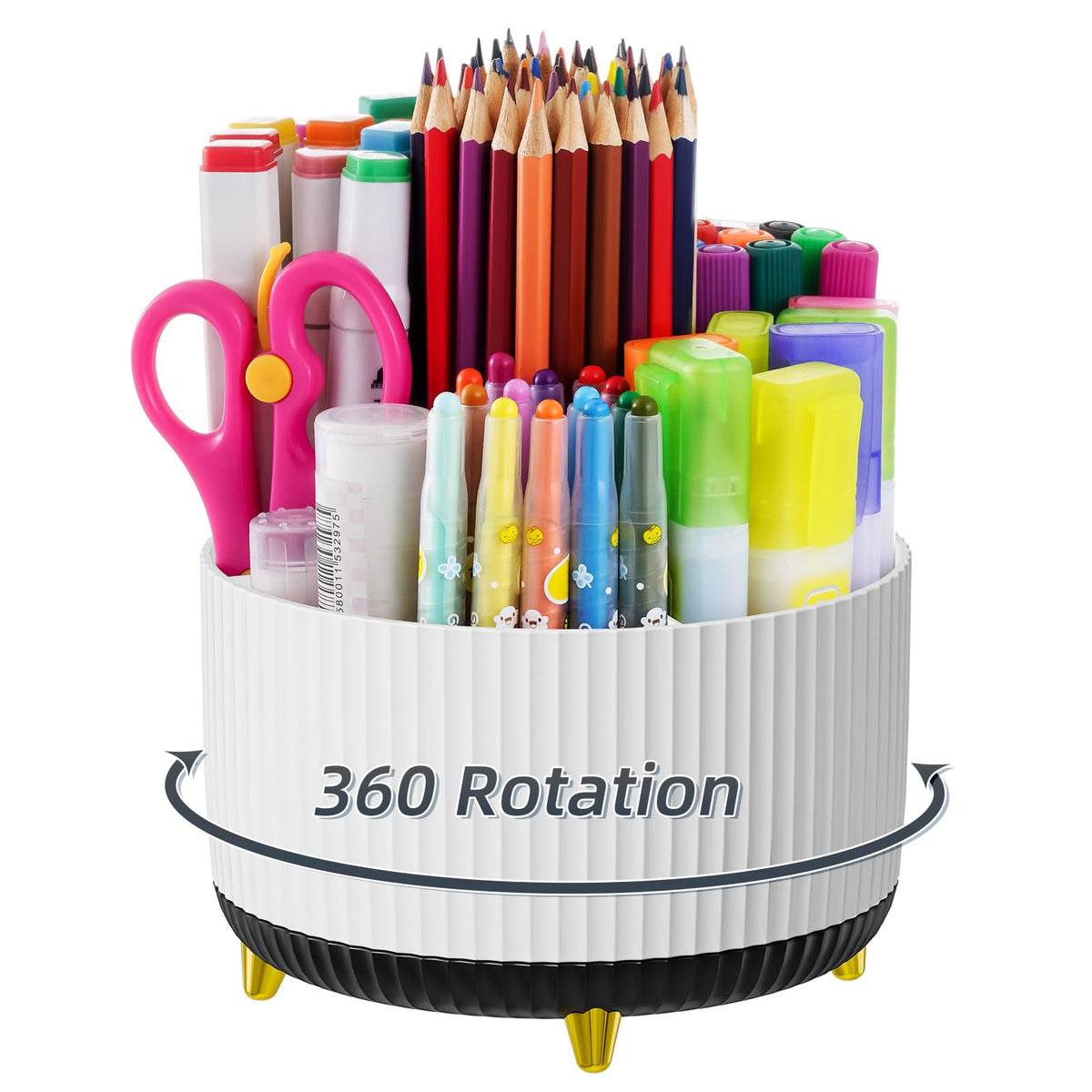 Marbrasse Desk Organizer, 360-Degree Rotating Pen Holder, Desk Organizers and Accessories with 5 Compartments Pencil Holder, Art Supply Storage Box Caddy for Office, Home（White）