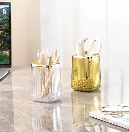 Acrylic Pen Holder, Cute Clear Gold Desk Organizer for Pencils, Makeup Brushes Toothbrushes with Striped Design for Vanity Bathroom Storage Cup