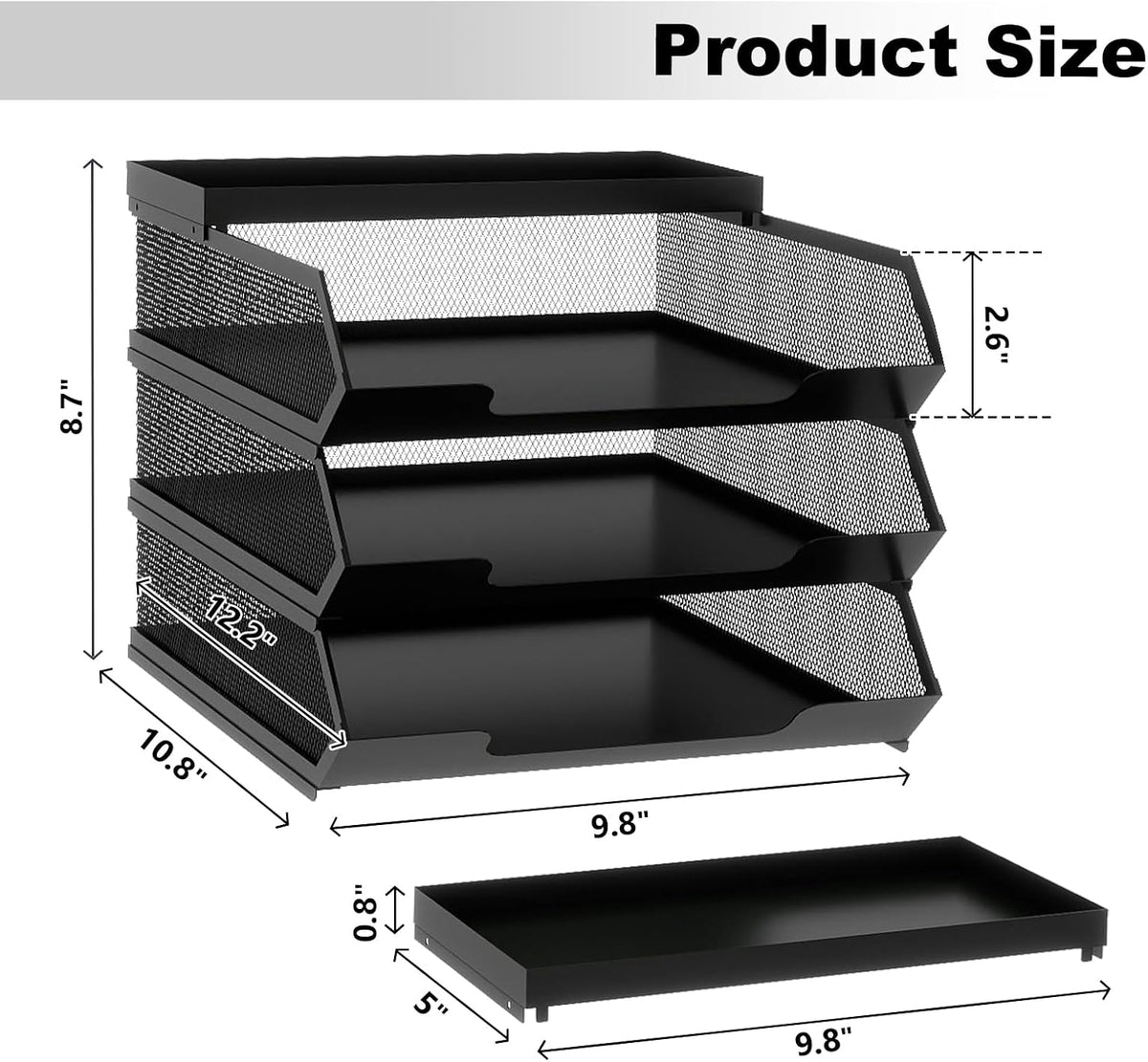 Natwind 3-Tier Stackable Metal Mesh Paper Organizer with Sliding Tray,Black