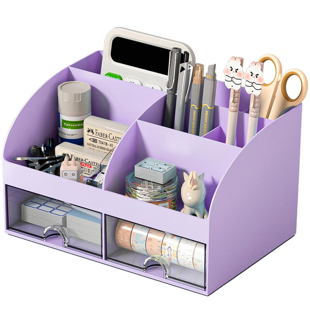 COMFYROOM Desk Organizer with 6 Compartments and 2 Drawers, Plastic Makeup Organizer, Pen Holder for Desktop Storage, Desk Organization for School, Home, Office Supplies (White)