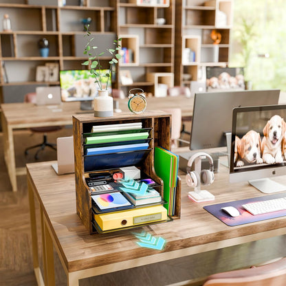 Simple Trending 7- Tier Desk File Organizer, Paper Organizer, Rustic Brown