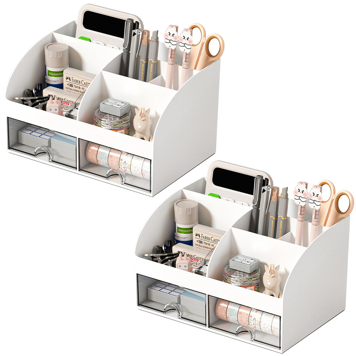 COMFYROOM Desk Organizer with 6 Compartments and 2 Drawers, Plastic Makeup Organizer, Pen Holder for Desktop Storage, Desk Organization for School, Home, Office Supplies (Black)