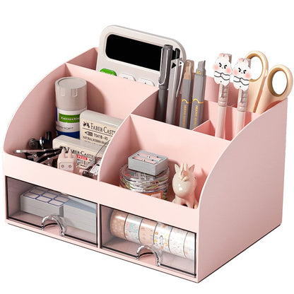 COMFYROOM Desk Organizer with 6 Compartments and 2 Drawers, Plastic Makeup Organizer, Pen Holder for Desktop Storage, Desk Organization for School, Home, Office Supplies (Black)