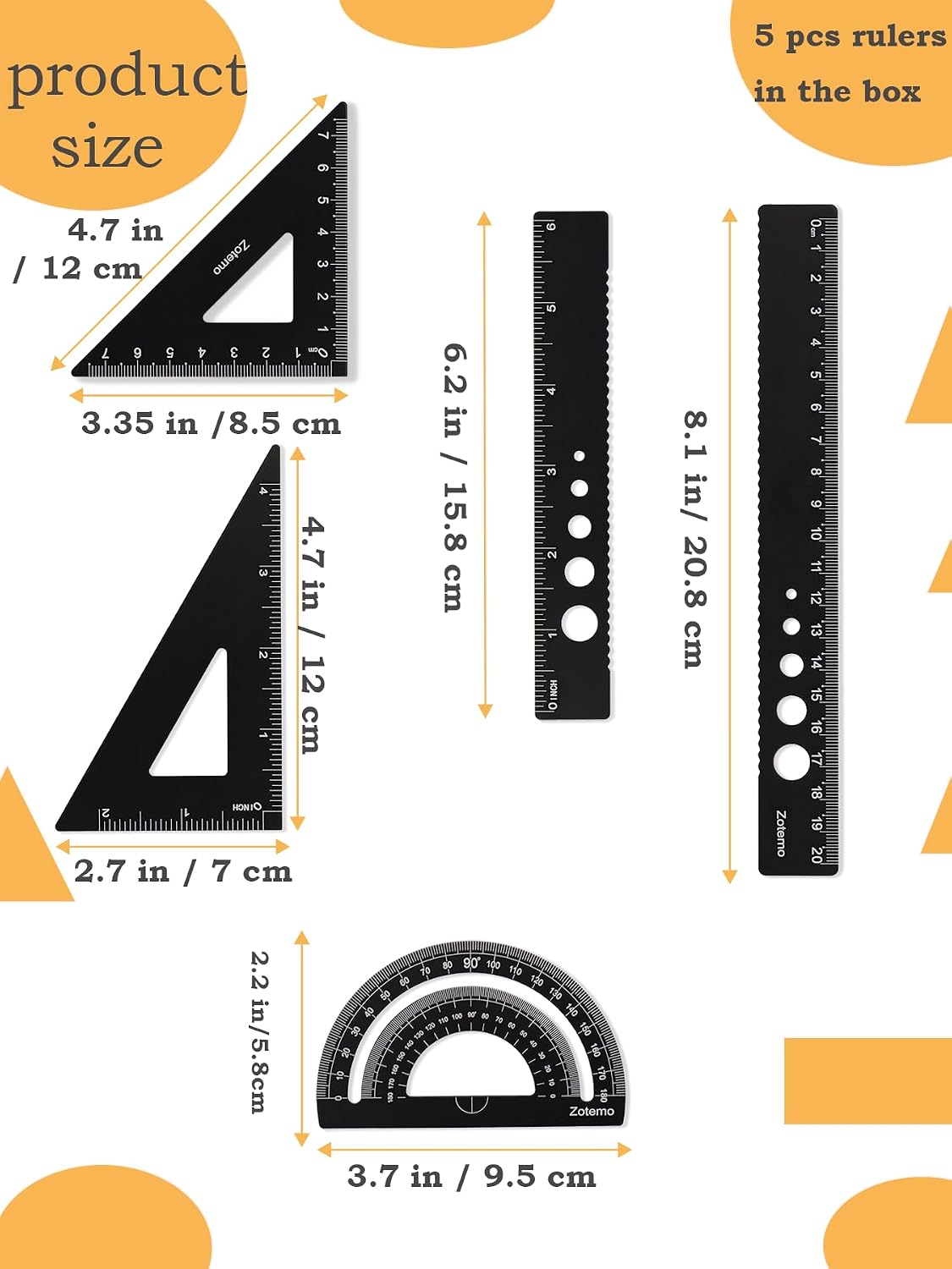 Metal Geometry Set, 5-piece Aluminum Ruler, Math Drafting Ruler Kit Includes Protractor, Triangle Rulers, Straight Rulers-Math Measurement Tools for School and Office Supplies (Black)