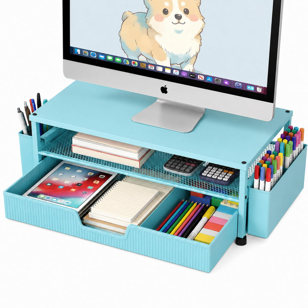 ECOLOVI Desk Organizer and Accessories, 2-Tier Computer Monitor Stand Rise with Storage Drawer & 2 Pen Holders, Laptop & Printer Stand for Desktop, Workspace Organizers for Office Supplies (Black)