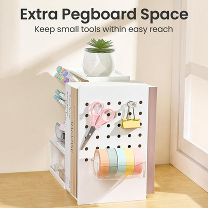 Sooez Desk Organizer with Bookends, Pegboard & Drawer, Pen & Pencil Holder