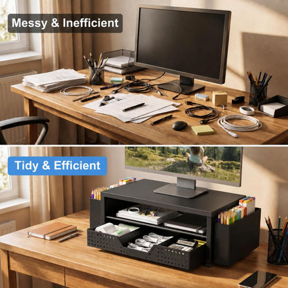 ECOLOVI Desk Organizer and Accessories, 2-Tier Computer Monitor Stand Rise with Storage Drawer & 2 Pen Holders, Laptop & Printer Stand for Desktop, Workspace Organizers for Office Supplies (Black)