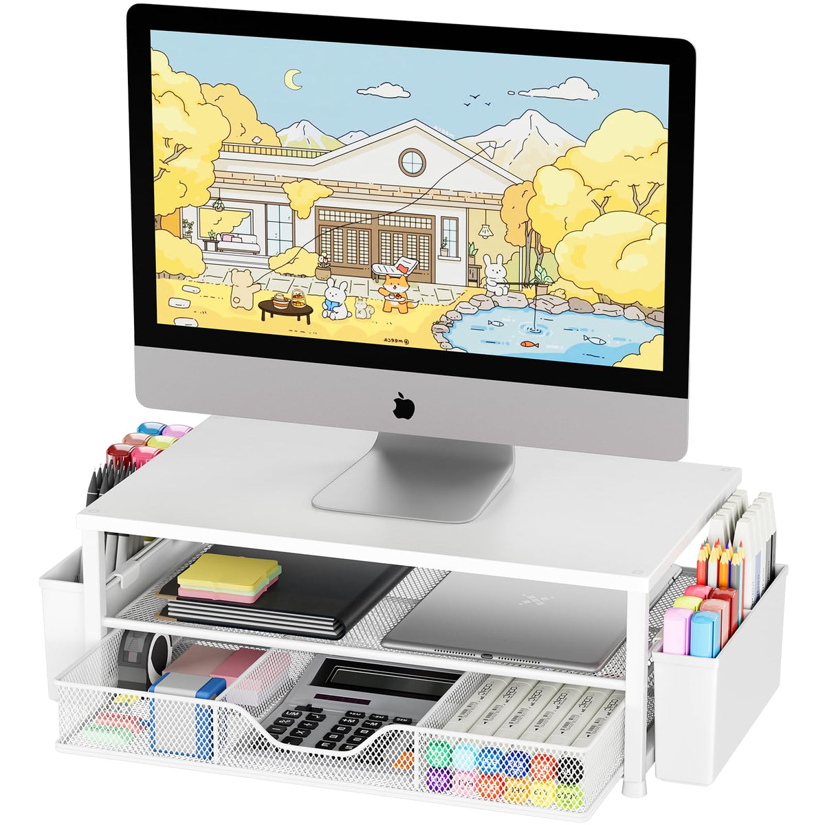 OPNICE Desk Organizers and Accessories, Computer Monitor Stand Riser with Drawer and 2 Pen Holders, Printer & Laptop Stand, Office Desk Accessories & Workspace Organizers for Home Office Supplies, Black