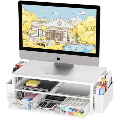 OPNICE Desk Organizers and Accessories, Computer Monitor Stand Riser with Drawer and 2 Pen Holders, Printer & Laptop Stand, Office Desk Accessories & Workspace Organizers for Home Office Supplies, Black
