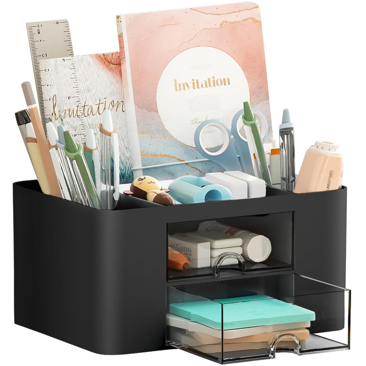 Marbrasse Pen Organizer with 2 Drawer, Multi-Functional Pencil Holder for Desk, Desk Organizers and Accessories with 5 Compartments + Drawer for Office Art Supplies (White)