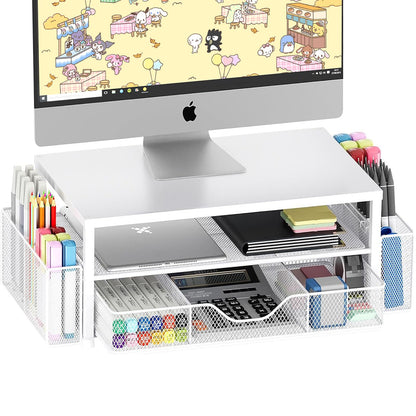 OPNICE Desk Organizer and Accessories, 2-Tier Computer Monitor Stand Riser with Drawer and 2 Pen Holders, Laptop Stand, Office Desk Accessories for Office Supplies, Black