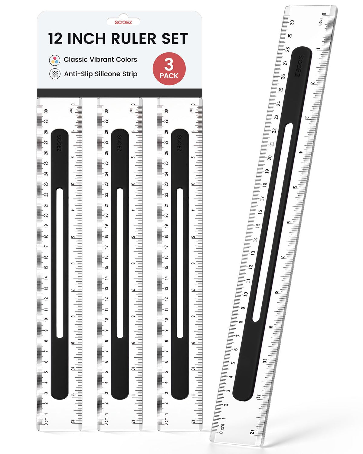 Sooez 3 Pack Ruler 12 Inch, Anti-Slip Clear Rulers for Kids School, Pastels