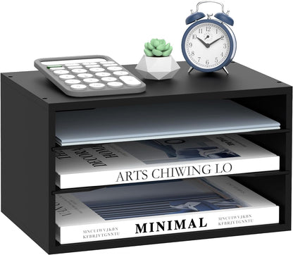 3 Tier Wood Desk Organizer, Mail Sorter and Paper Organizer for Desk, Black