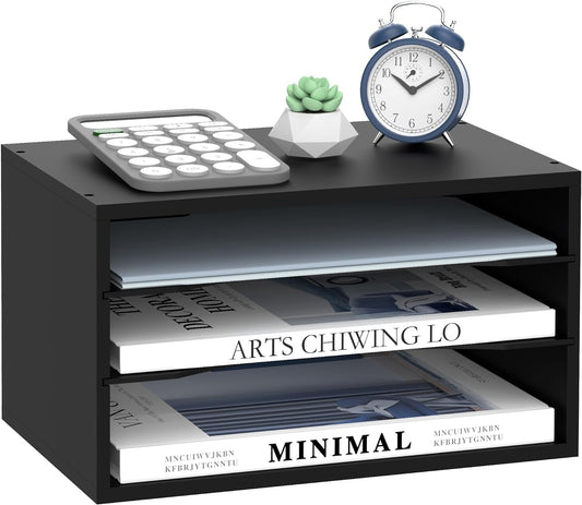 3 Tier Wood Desk Organizer, Mail Sorter and Paper Organizer for Desk, Black