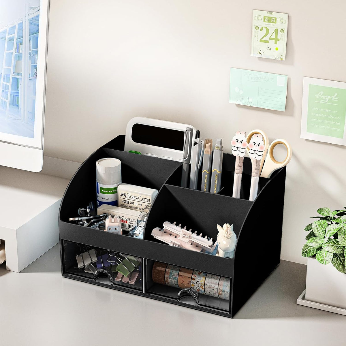 COMFYROOM Desk Organizer with 6 Compartments and 2 Drawers, Plastic Makeup Organizer, Pen Holder for Desktop Storage, Desk Organization for School, Home, Office Supplies (Black)