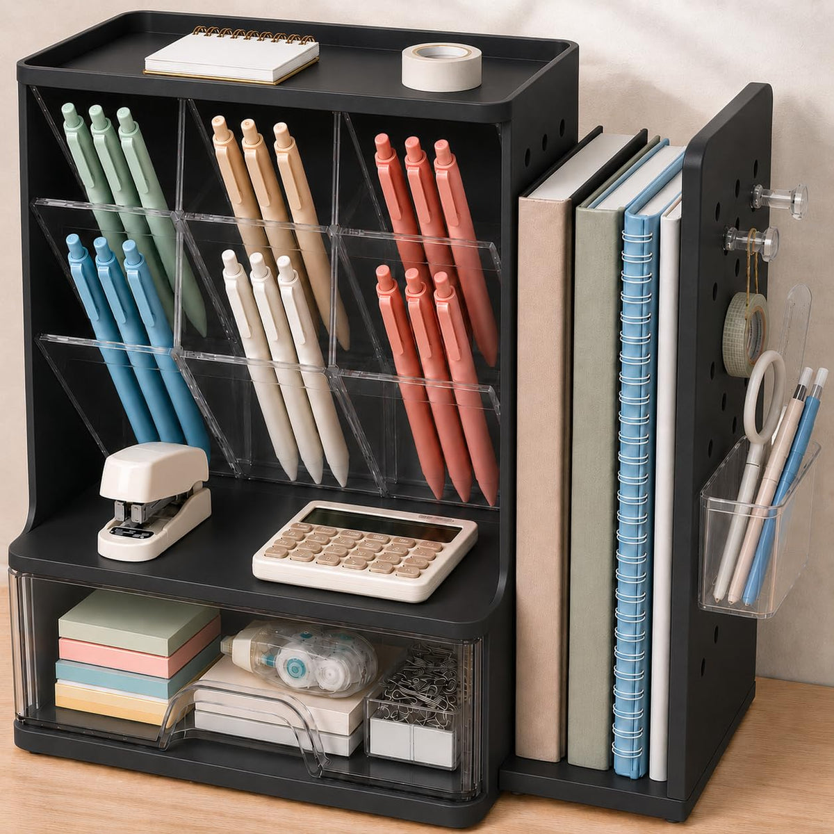 Sooez Desk Organizer with Bookends, Pegboard & Drawer, Pen & Pencil Holder