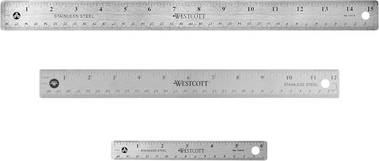 Westcott Stainless Steel Ruler Set with Flexible Design, Non-Slip Cork Base, for Crafting, Office, Classroom, Back to School Supplies, Includes 6-, 12-, & 15-inch Rulers, 3 Pack