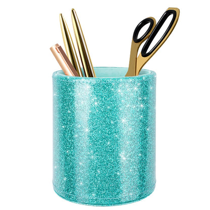Round Leather Pen Holder for Desk, Desktop Organizer, (Carved Green)