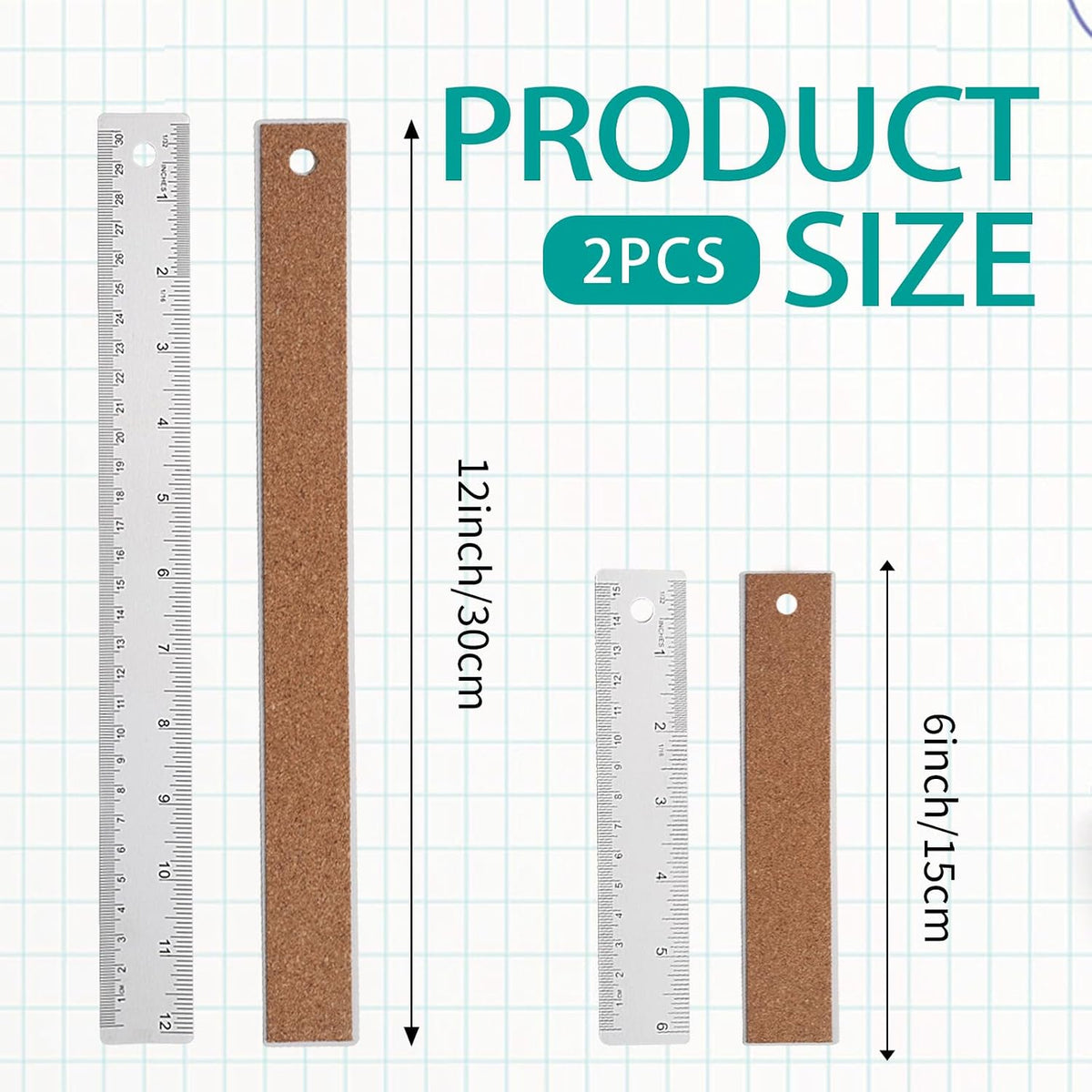 Metal Ruler 6+12 Inch Stainless Steel Ruler with Cork Backing