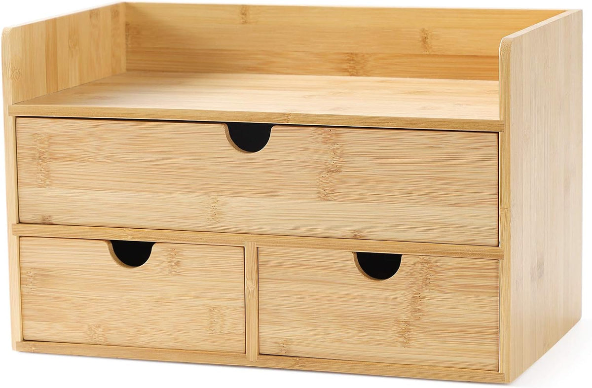 Bamboo Desk Organizer with Drawers, 3-Drawer Desktop Storage Box