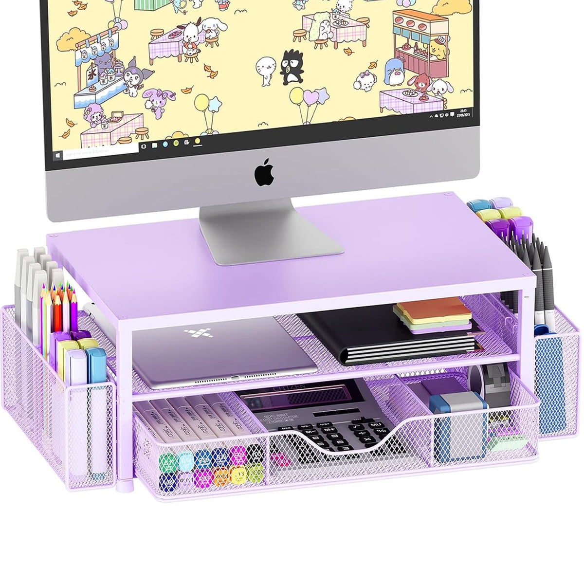 OPNICE Desk Organizer and Accessories, 2-Tier Computer Monitor Stand Riser with Drawer and 2 Pen Holders, Laptop Stand, Office Desk Accessories for Office Supplies, Black