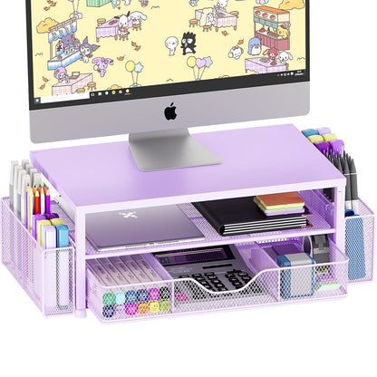 OPNICE Desk Organizer and Accessories, 2-Tier Computer Monitor Stand Riser with Drawer and 2 Pen Holders, Laptop Stand, Office Desk Accessories for Office Supplies, Black