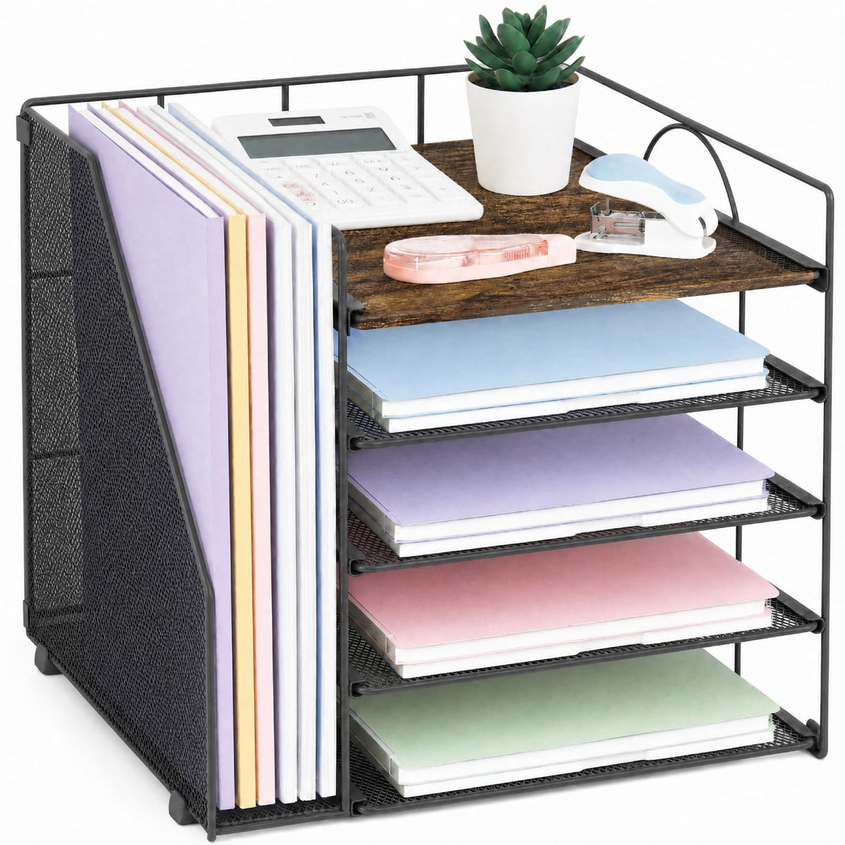 LEKETREE Desk Organizers and Accessories, 5-Tier Paper Letter Tray Organizer with File Holder, Desktop Organizer for Office Supplies (Black)