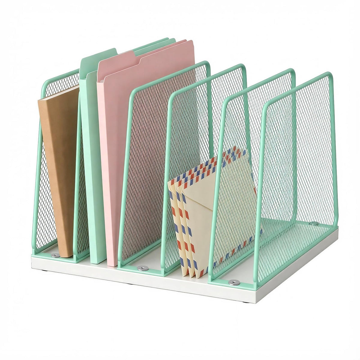 LEKETREE Gold Desk File Organizer, 5-Section Upright File Sorter, Vertical File Folder Holder, Mesh Metal Wood Office Desk Organizer for Document, Magazine, Books and more (White and Gold)