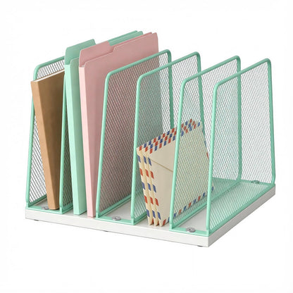 LEKETREE Gold Desk File Organizer, 5-Section Upright File Sorter, Vertical File Folder Holder, Mesh Metal Wood Office Desk Organizer for Document, Magazine, Books and more (White and Gold)