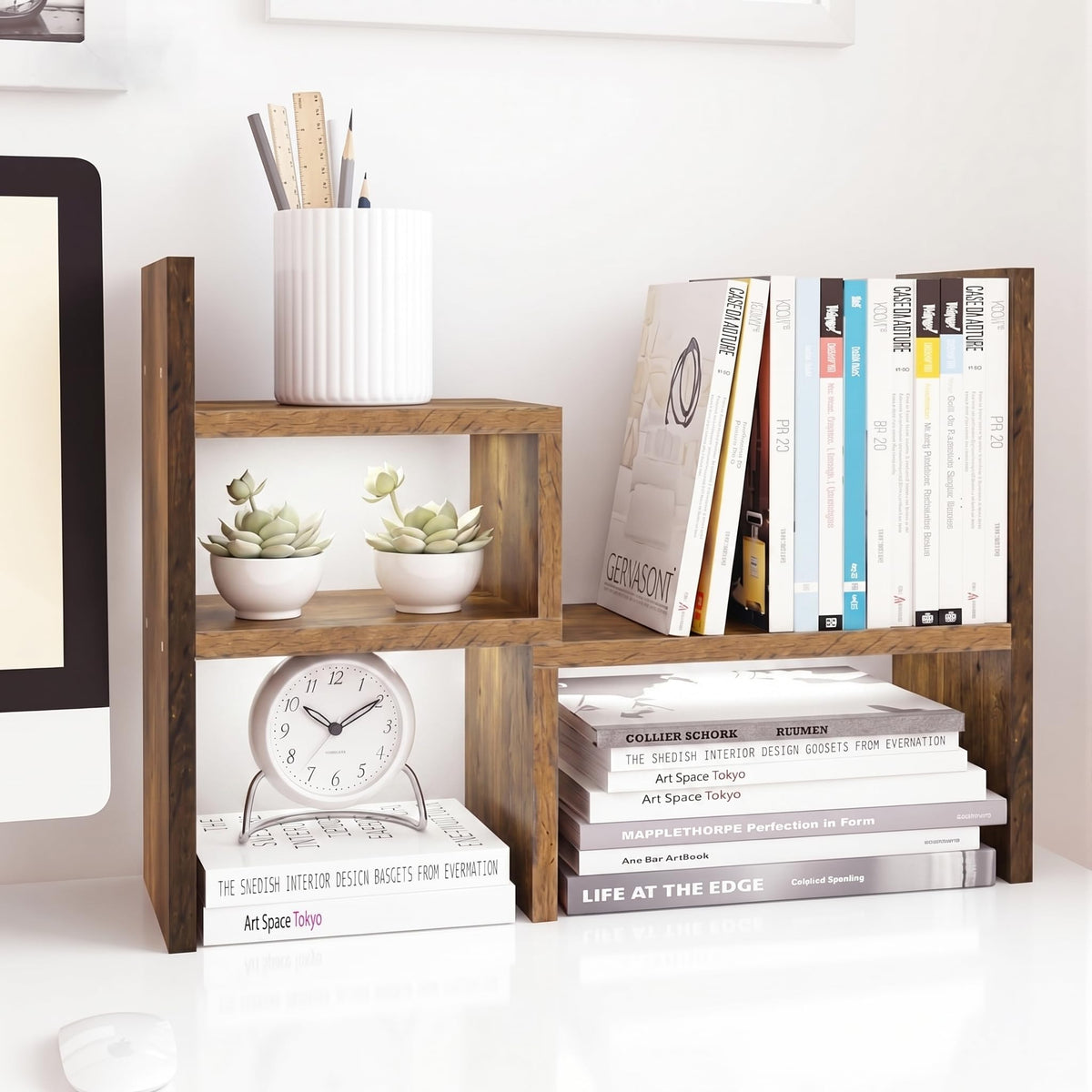 Jerry & Maggie - Desktop Organizer Office Storage Rack Adjustable Wood Display Shelf | Birthday Gifts - Toy - Home Decor | - Free Style Rotation Display - True Natural Stand Shelf (White)