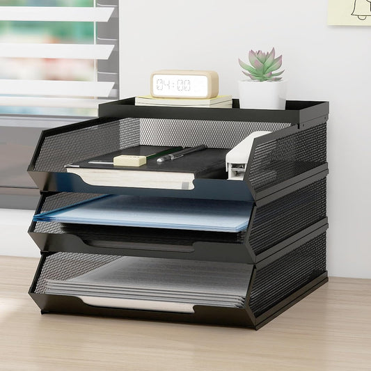 Natwind 3-Tier Stackable Metal Mesh Paper Organizer with Sliding Tray,Black