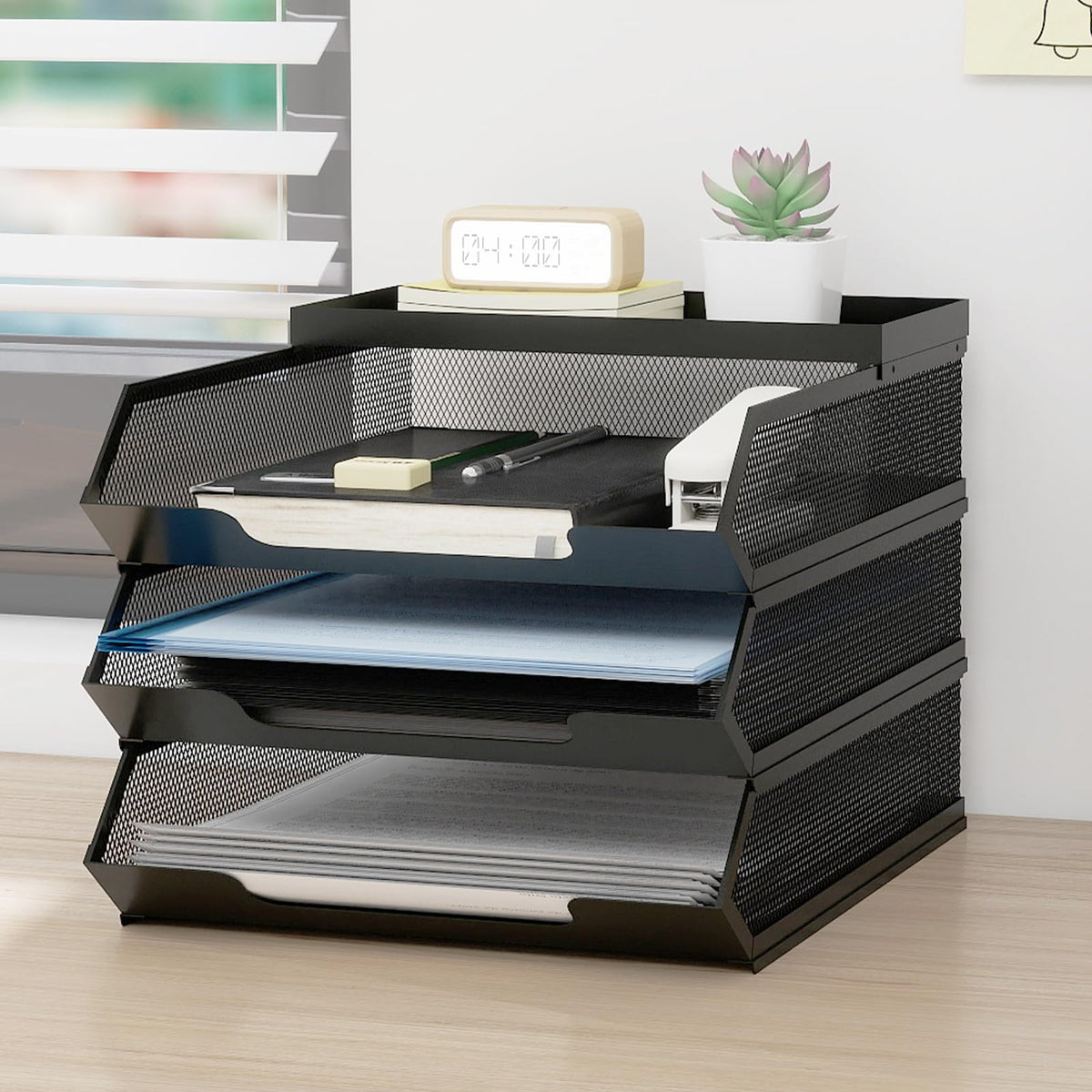 Natwind 3-Tier Stackable Metal Mesh Paper Organizer with Sliding Tray,Black