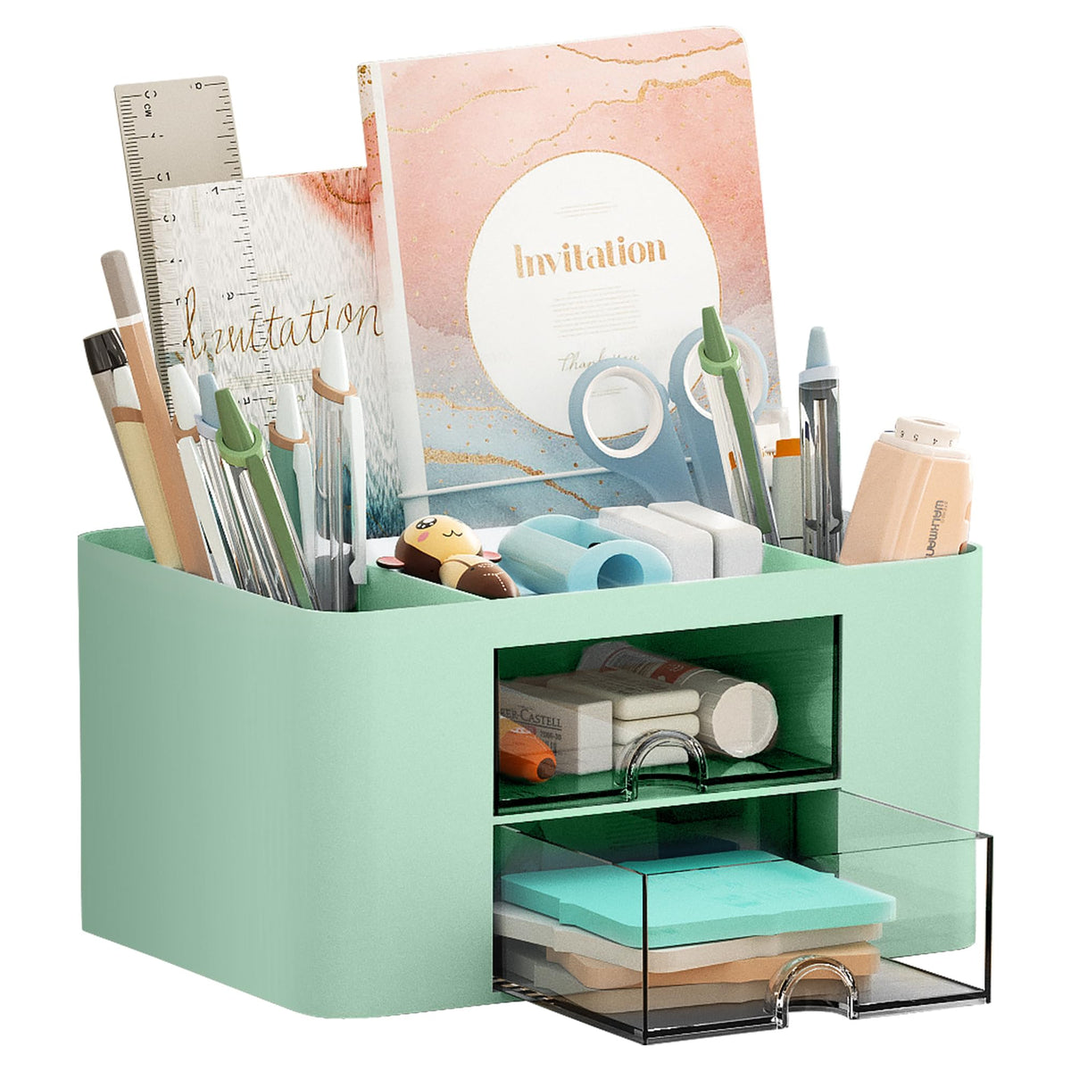Marbrasse Pen Organizer with 2 Drawer, Multi-Functional Pencil Holder for Desk, Desk Organizers and Accessories with 5 Compartments + Drawer for Office Art Supplies (White)