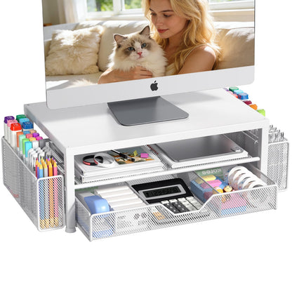 OPNICE Desk Organizers and Accessories, Computer Monitor Stand Riser with Drawer and 2 Pen Holders, Printer & Laptop Stand, Office Desk Accessories & Workspace Organizers for Home Office Supplies, Black