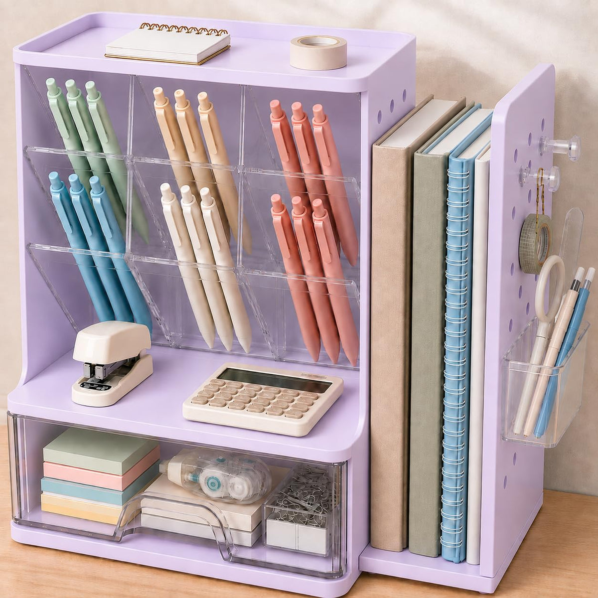 Sooez Desk Organizer with Bookends, Pegboard & Drawer, Pen & Pencil Holder