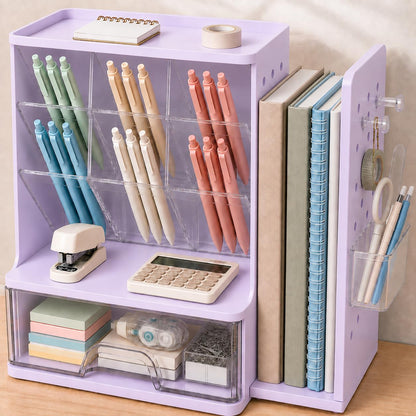 Sooez Desk Organizer with Bookends, Pegboard & Drawer, Pen & Pencil Holder