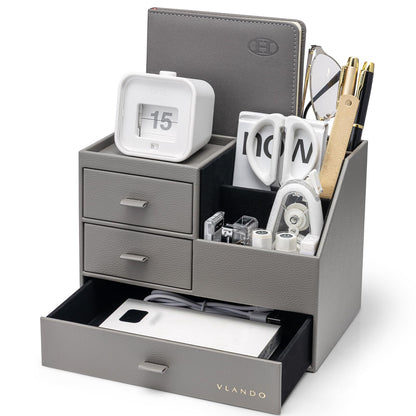 VLANDO Desk Organizer,PU Leather Office Storage with Compartments,Beige