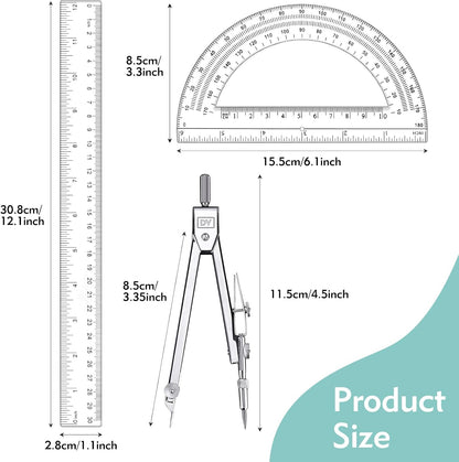 3 Pcs Clear Protractor and Compasses Set, Plastic Clear Ruler 12 Inch